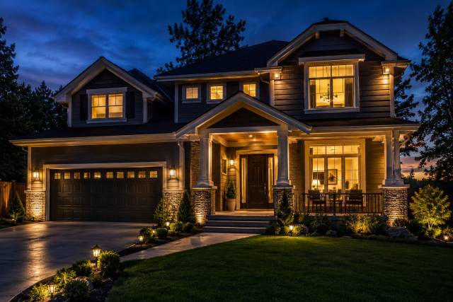 Two-story home exterior lit up at dusk with a covered front porch